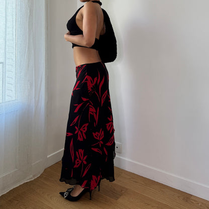 Vintage Y2K Black Red Floral Mesh Midi Skirt with Sheer Ruffle Hem Made in Italy (S) ⠀