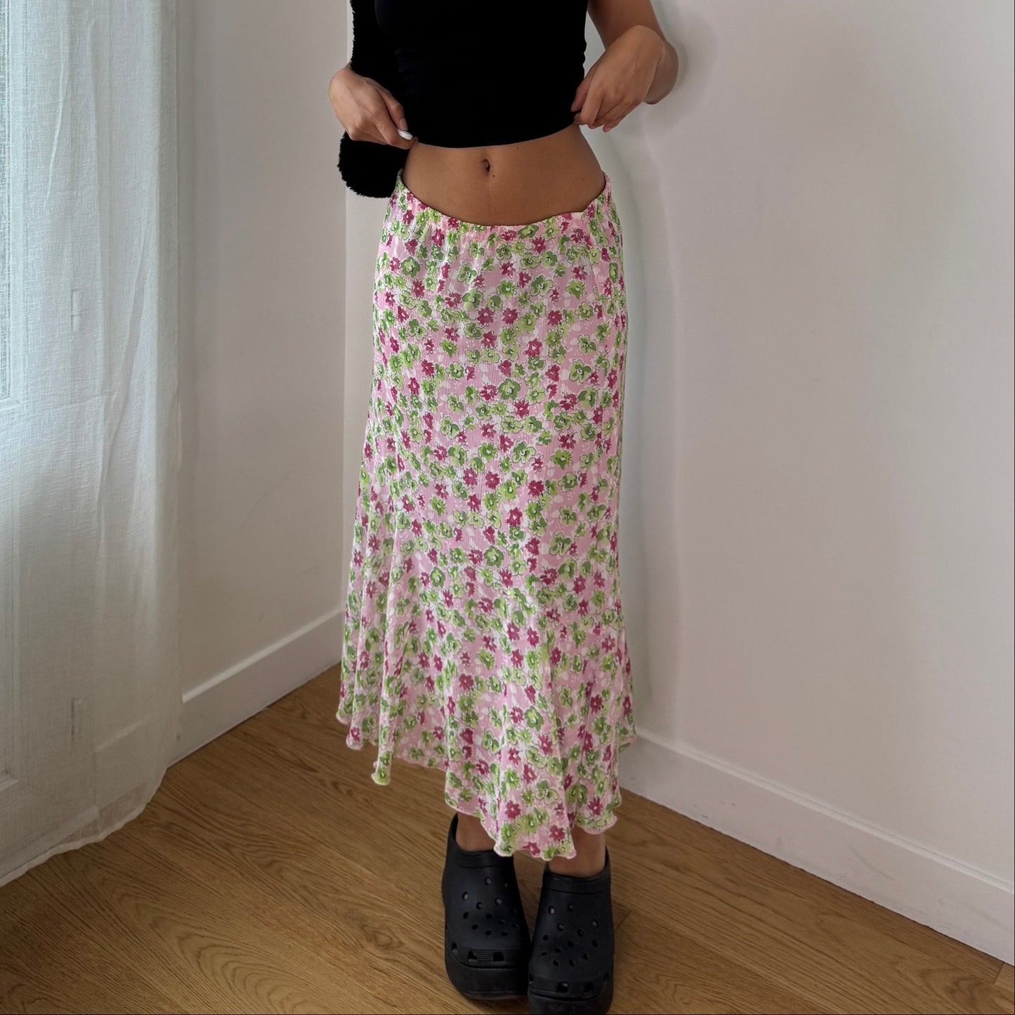 Vintage Pink Green Floral Mesh Maxi Skirt Italian Y2K Bias Cut Skirt (S) ⠀