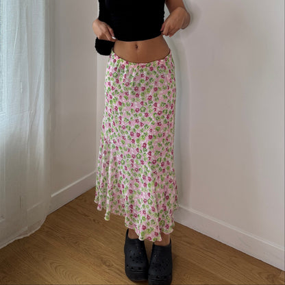 Vintage Pink Green Floral Mesh Maxi Skirt Italian Y2K Bias Cut Skirt (S) ⠀