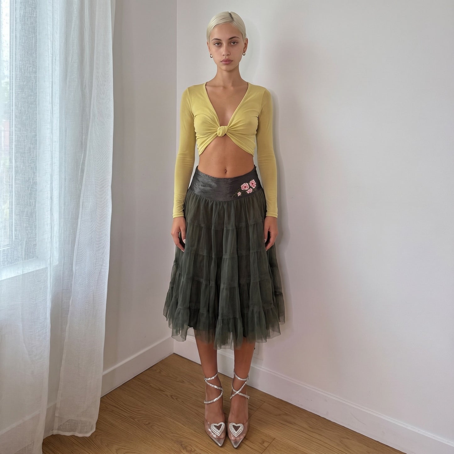 Vintage Italian Olive Green Floral Embroidered Tulle Midi Skirt Y2K (XS/S)