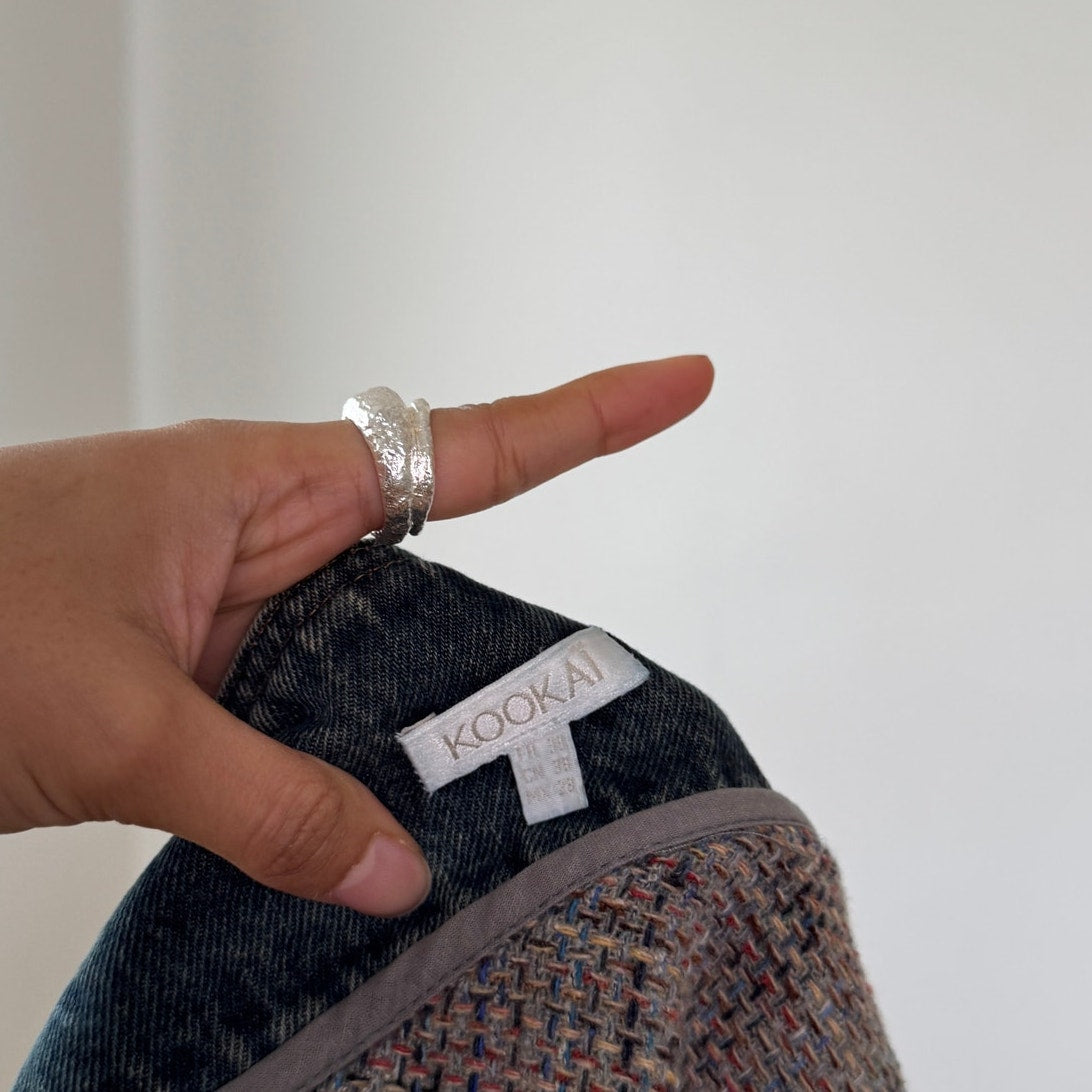 Vintage Tan Tweed Denim Waistband Midi Skirt Y2K French Wool Silk (S)