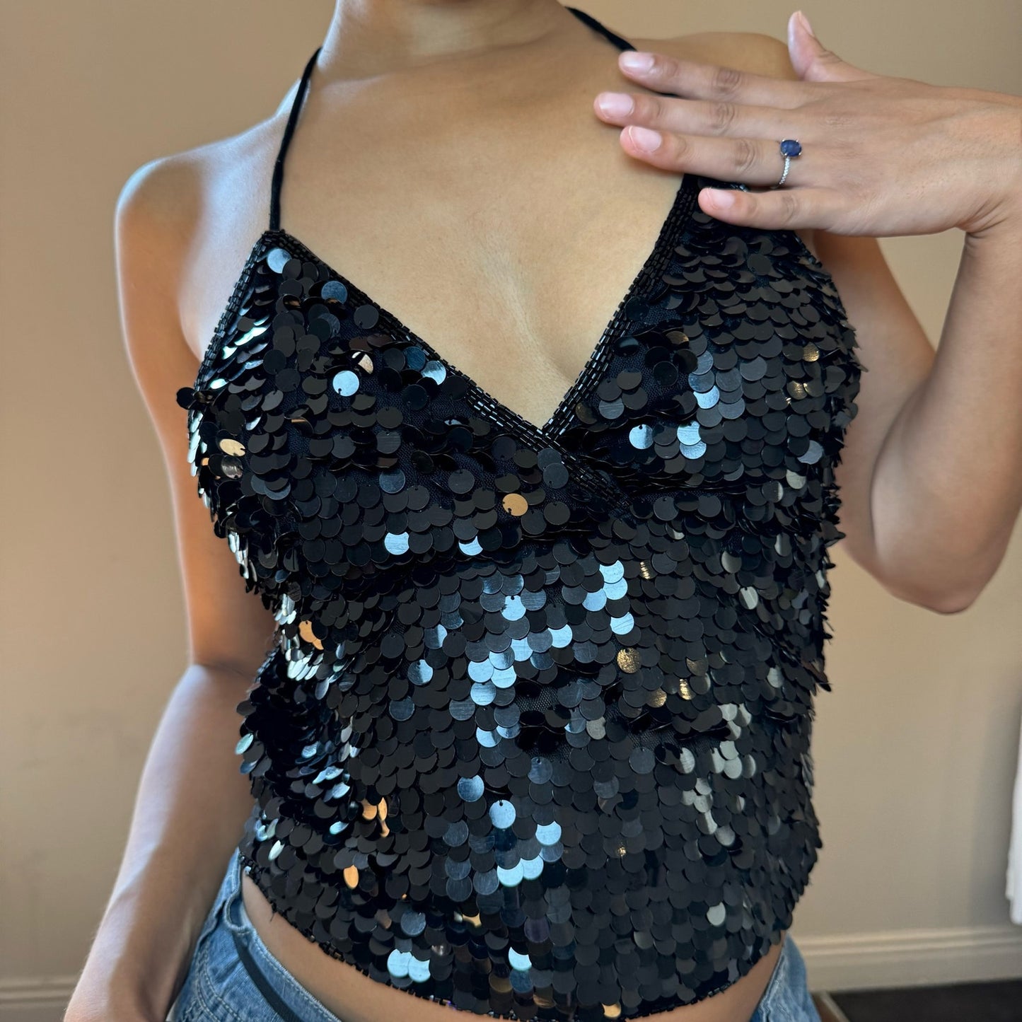 Italian Vintage black sequin halter top (S/M)