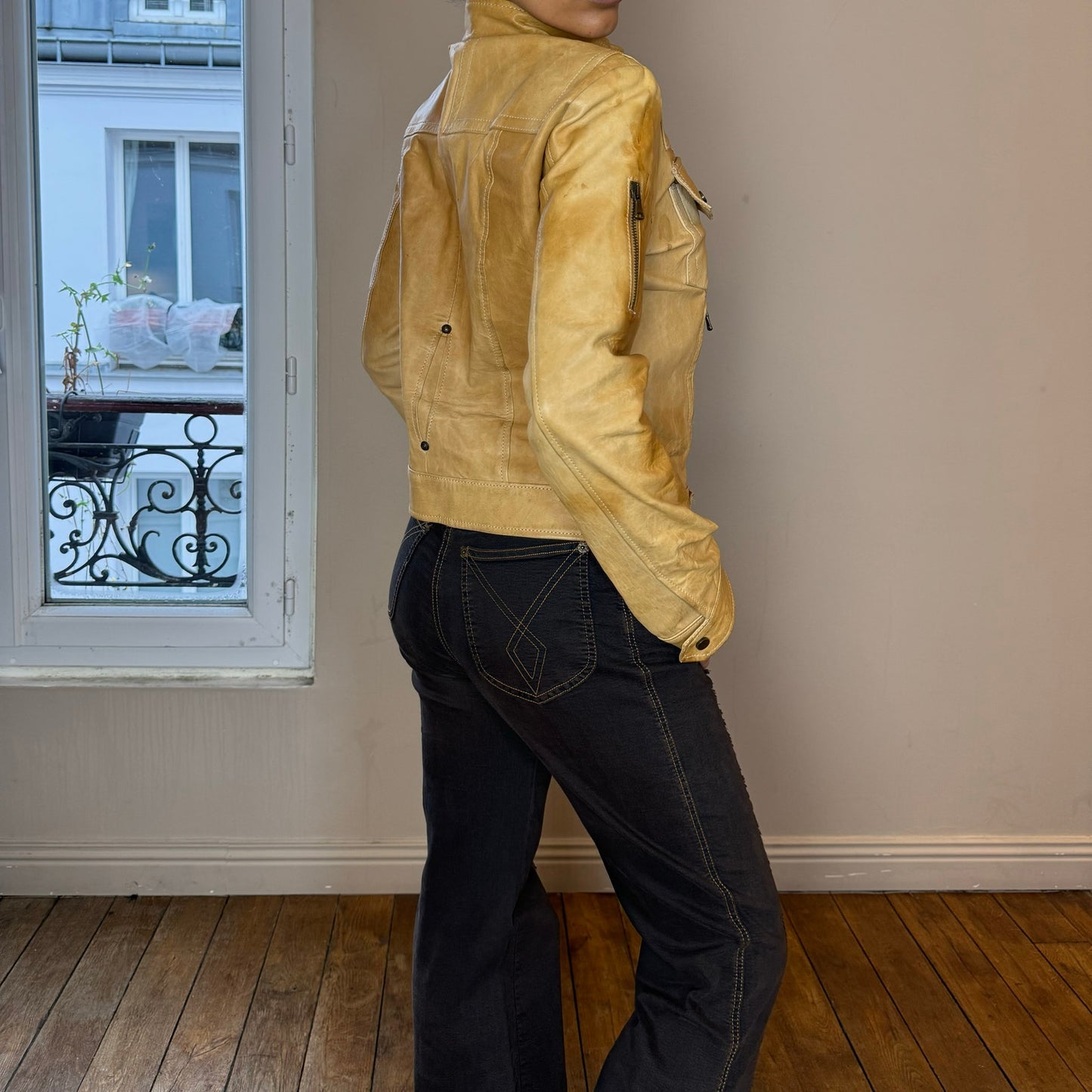 Vintage 90s Belted Fitted Camel Tan Leather Moto Jacket (S)