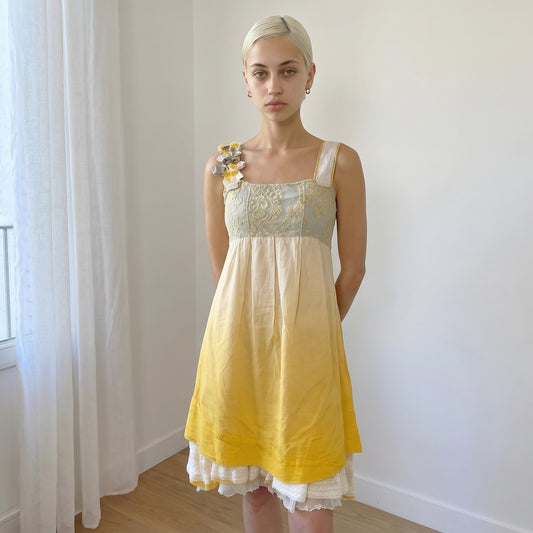 Vintage Yellow Ombre Embroidered Mini Dress Lace Trim Euro Y2K (S)