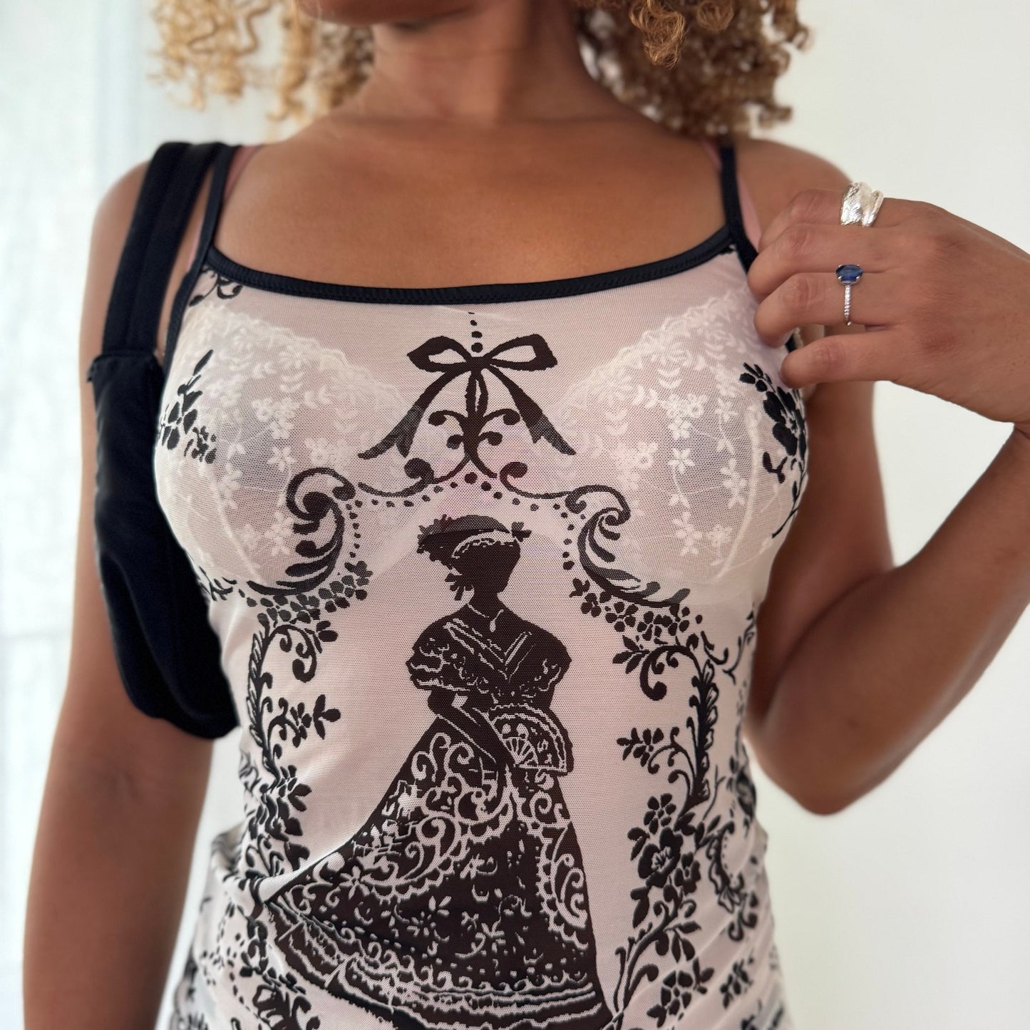 Vintage Black & White Toile Mesh Cami Top Sheer Italian Y2K (S)