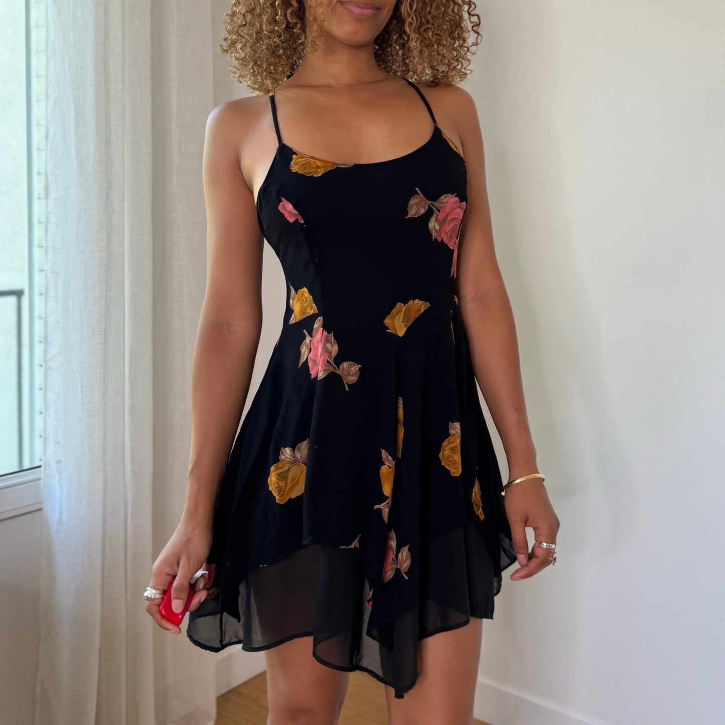 Vintage Black Pink Mustard Floral Mesh Mini Dress Italian Y2K (S/M)