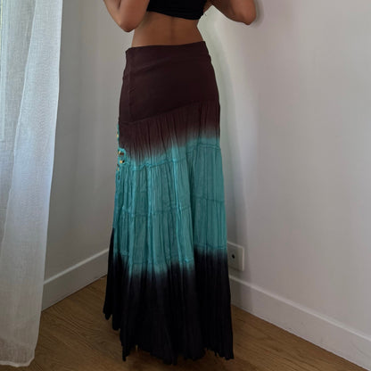 Vintage Extyn Brown Blue Ombre Maxi Skirt Sequin Floral Viscose Y2K (S/M)