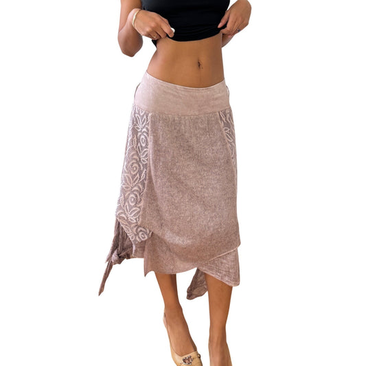 Vintage Italian dusty mauve wool & cotton patchwork midi skirt with lace panels and asymmetric hem (S)