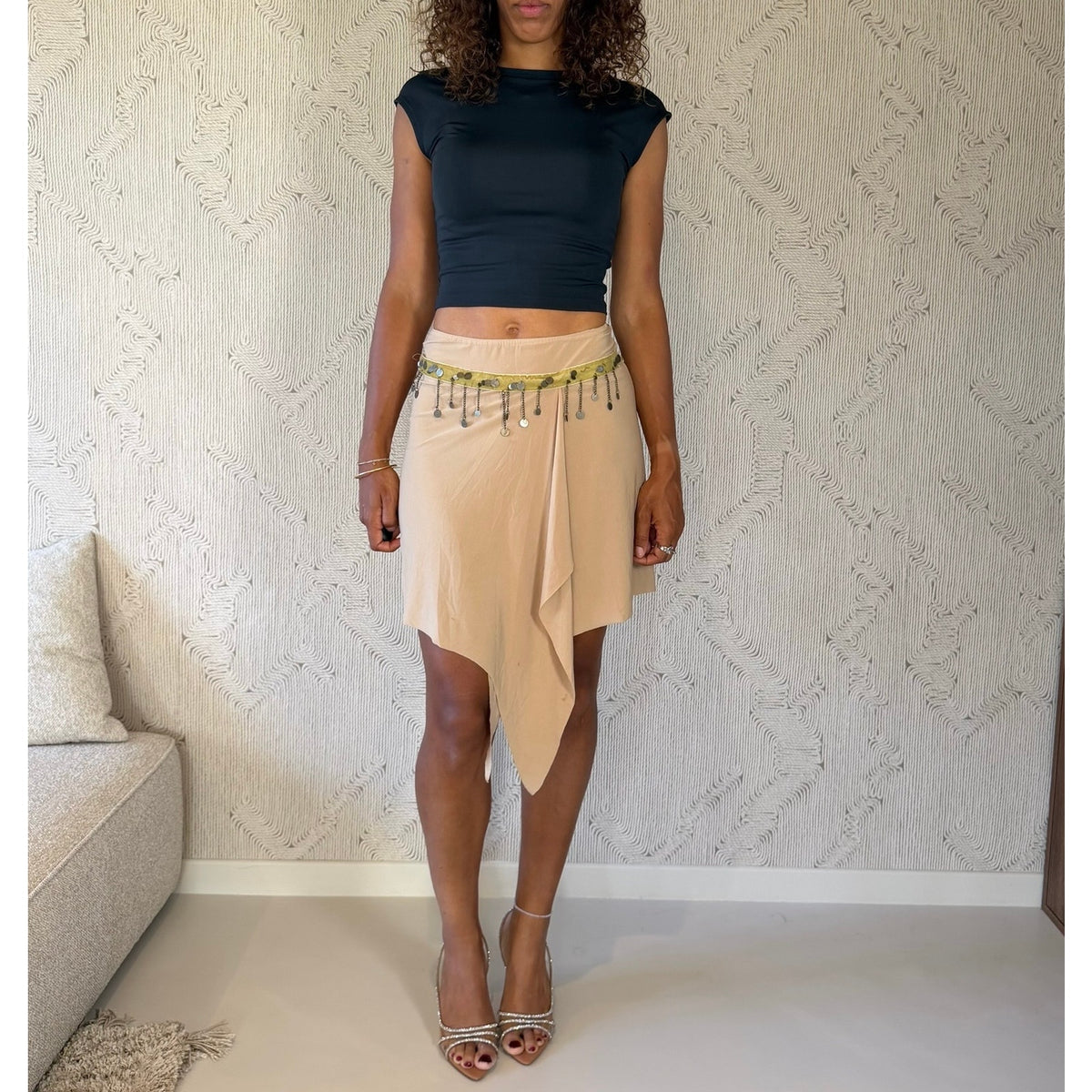 Euro Vintage Cream Beige Asymmetric Faux Suede Midi Skirt with Sequin Velvet Waistband & Dangling Metal Charms