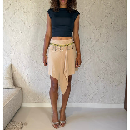 Euro Vintage Cream Beige Asymmetric Faux Suede Midi Skirt with Sequin Velvet Waistband & Dangling Metal Charms