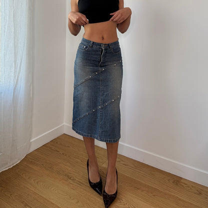 Vintage Blue Denim Midi Skirt Stud Detail Y2K Euro (S)