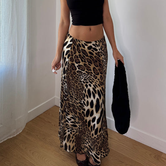 Vintage Brown Leopard Print Mesh Maxi Skirt Bias Cut Skirt (S/M) ⠀