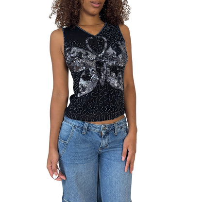 Vintage Euro black mesh sequin butterfly top (Small)
