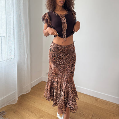 Vintage Leopard Mesh Two-Piece Set – Ruffle Skirt & Flutter-Sleeve Top (S/M)