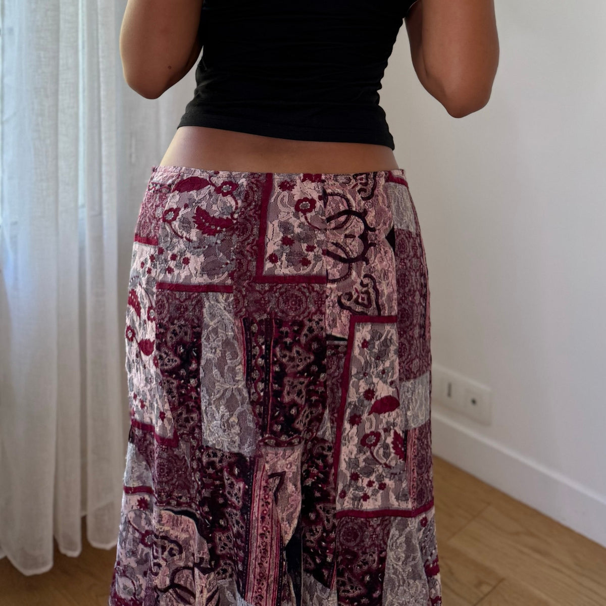 Vintage Pink Burgundy Patchwork Mesh Midi Skirt (S)