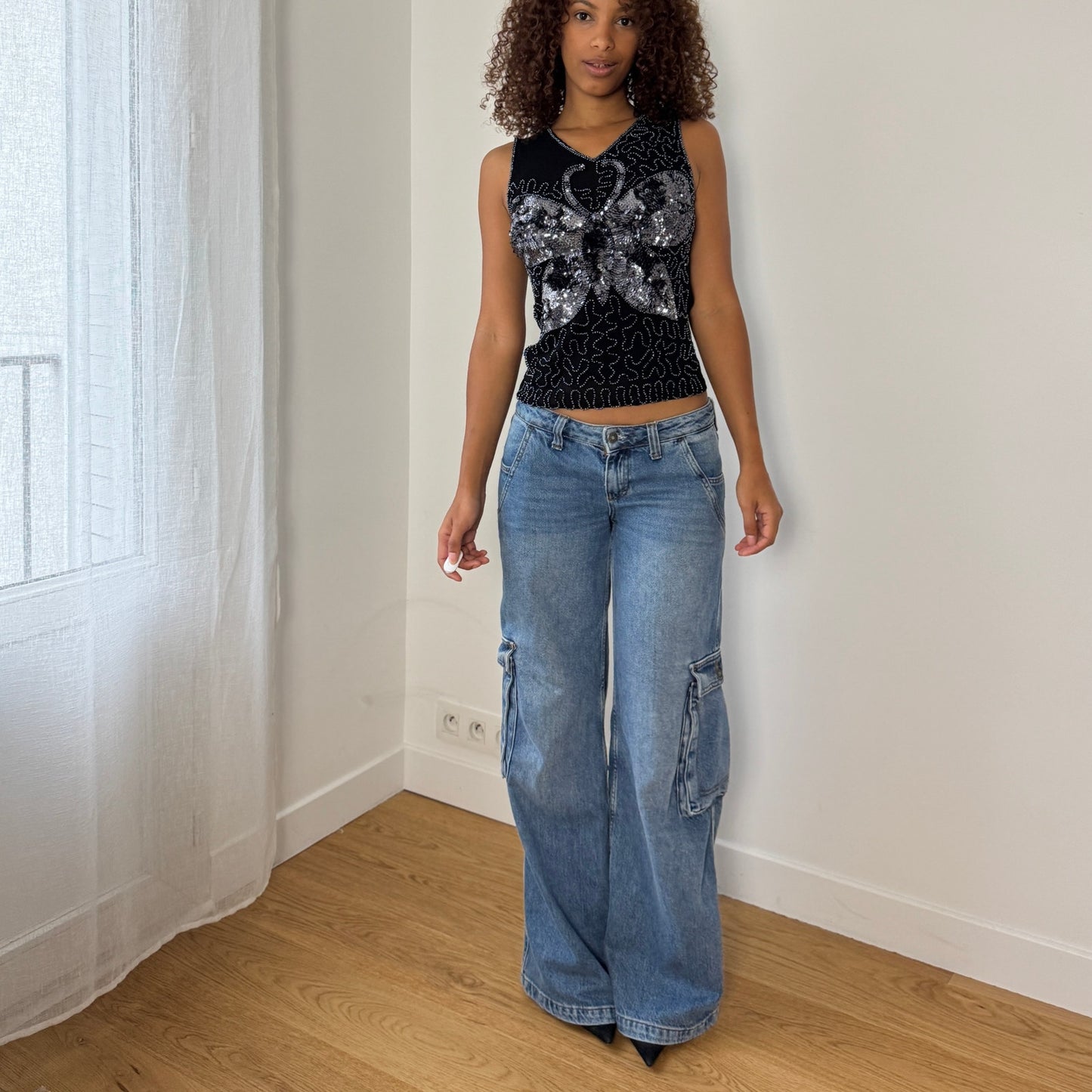 Vintage Euro black mesh sequin butterfly top (Small)