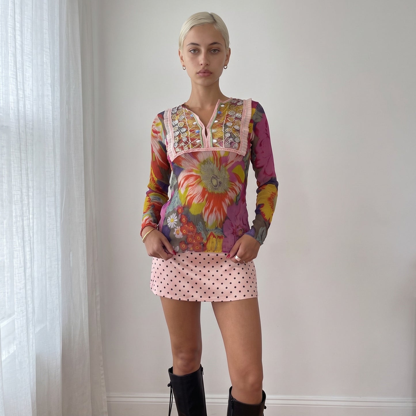 Vintage Pink & Yellow Silk Floral Beaded Mesh Top Boho Y2K (S/M)