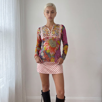 Vintage Pink & Yellow Silk Floral Beaded Mesh Top Boho Y2K (S/M)