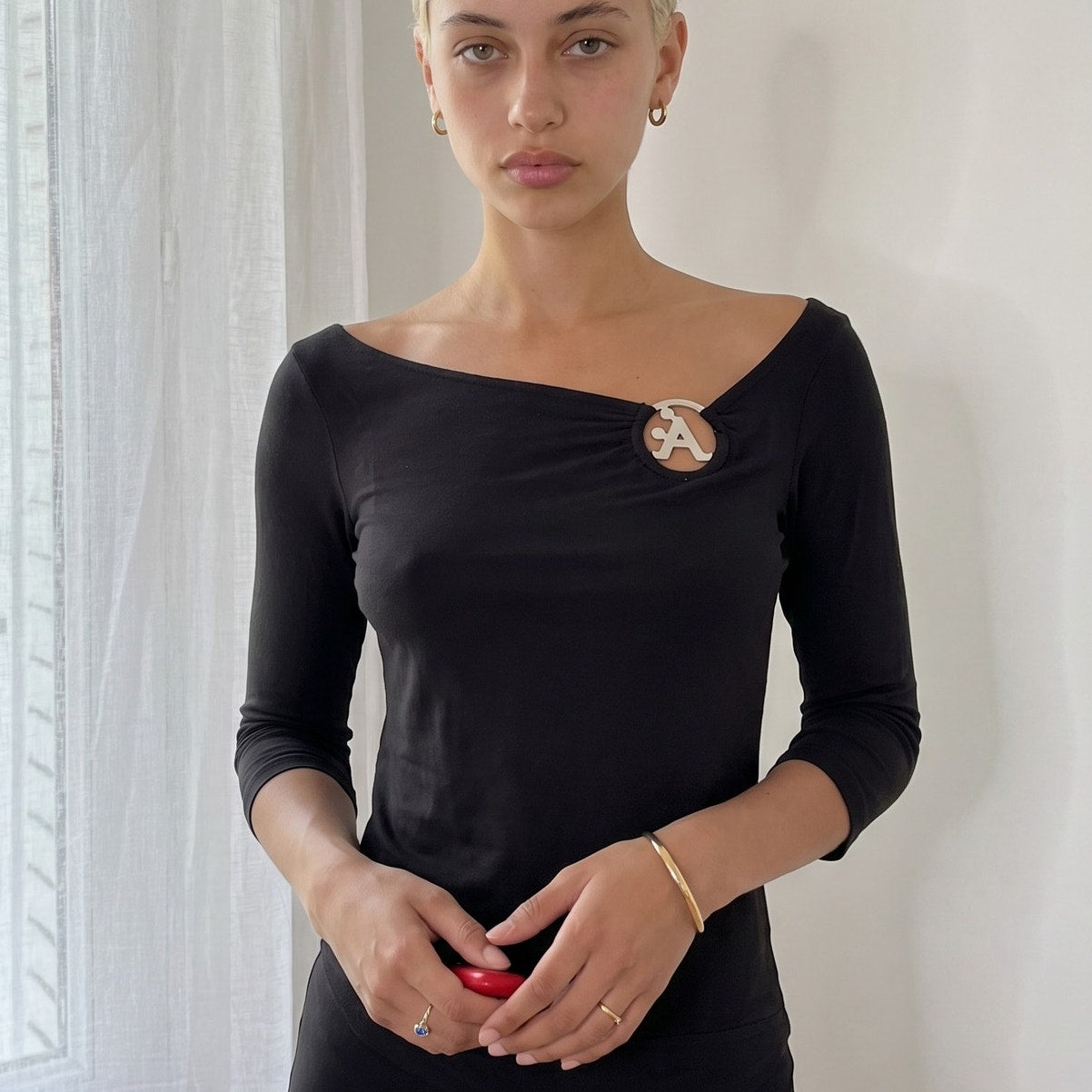 Vintage Black Off Shoulder Buckle Top Slinky Y2K (S/M)