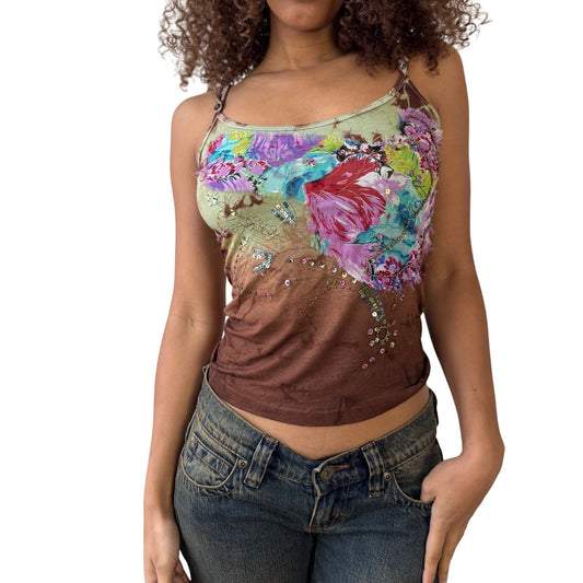 Vintage embellished floral slinky camisole top (Small)