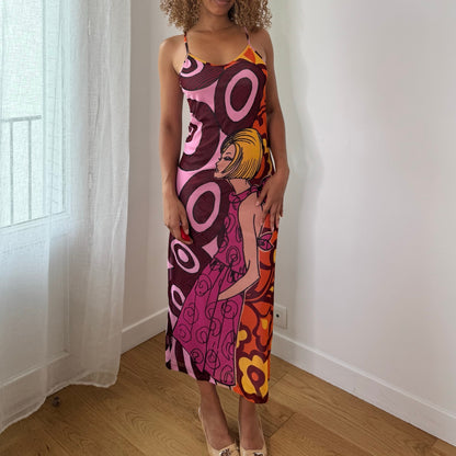 Vintage Morgan de Toi Pink Orange Women Graphic Mesh Maxi Dress Y2K (S)