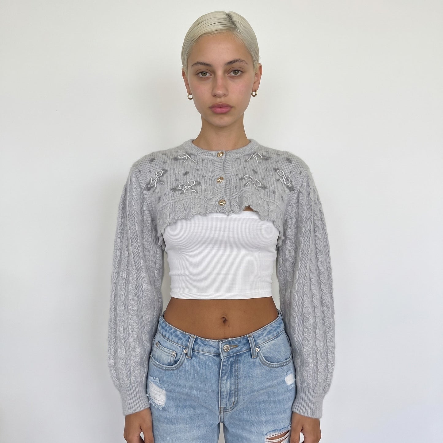Vintage Italian 90s Grey Wool Beaded Bow Cropped Cardigan (S)