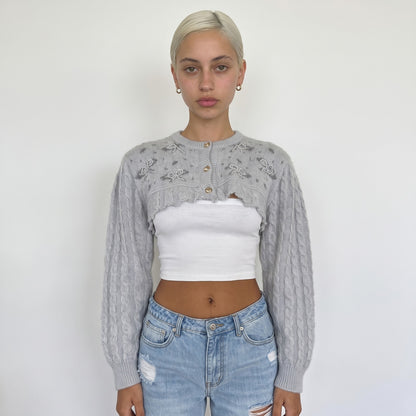 Vintage Italian 90s Grey Wool Beaded Bow Cropped Cardigan (S)