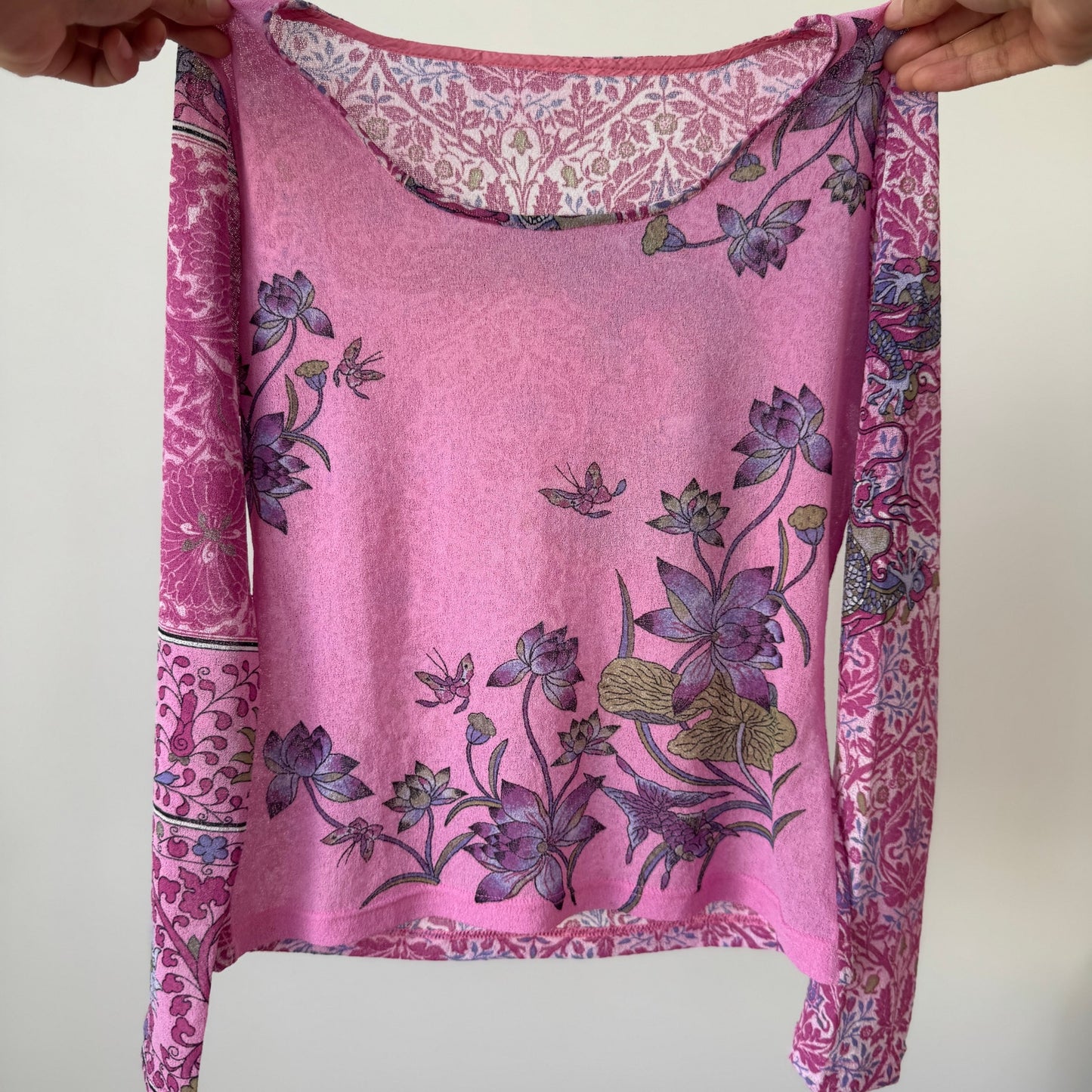 Vintage Italian Pink Floral Mesh Long Sleeve Top Semi Sheer (S)