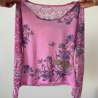 Vintage Italian Pink Floral Mesh Long Sleeve Top Semi Sheer (S)