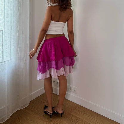 Vintage Hot Pink Purple Tiered Ruffle 100% Silk Mini Skirt Italian Y2K (S)
