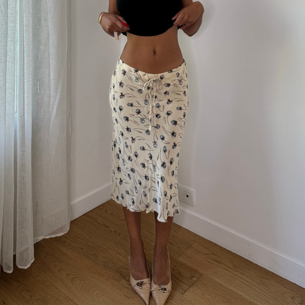 Vintage Italian Floral Mesh Midi Skirt (S)
