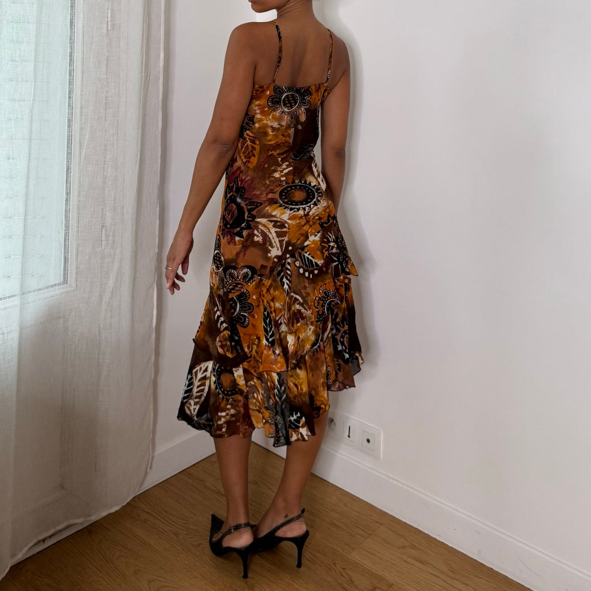 Italian vintage Y2K amber brown & orange abstract paisley print mesh dress with asymmetric ruffle hem