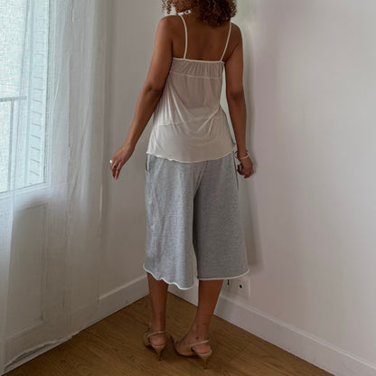 Vintage White Printed Mesh Cami Top Babydoll Empire Waist Y2K (S)