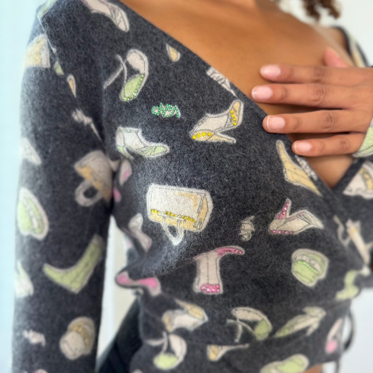 Italian Vintage Charcoal Grey Cocktail Print Wool Wrap Cardigan with Rhinestones & Lace