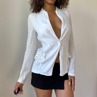 Vintage Euro White Linen Blazer with Pearl and Stud Detail (S)