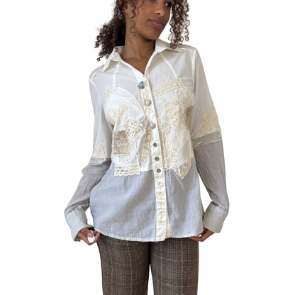 Vintage Italian patchwork lace & cotton appliqué button-down blouse (Medium)