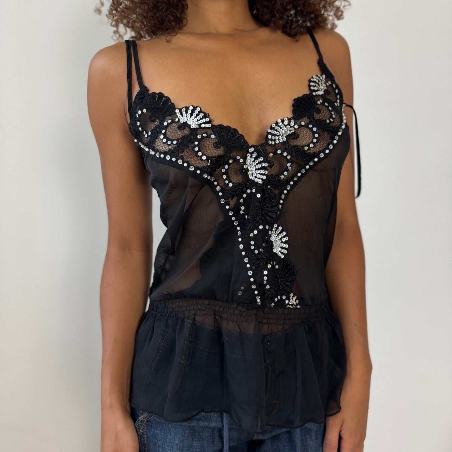 Vintage Italian Black Sheer Mesh Sequin Floral Beaded Cami Top (S/M)