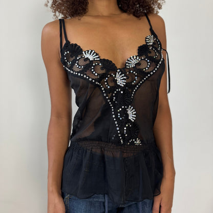 Vintage Italian Black Sheer Mesh Sequin Floral Beaded Cami Top (S/M)