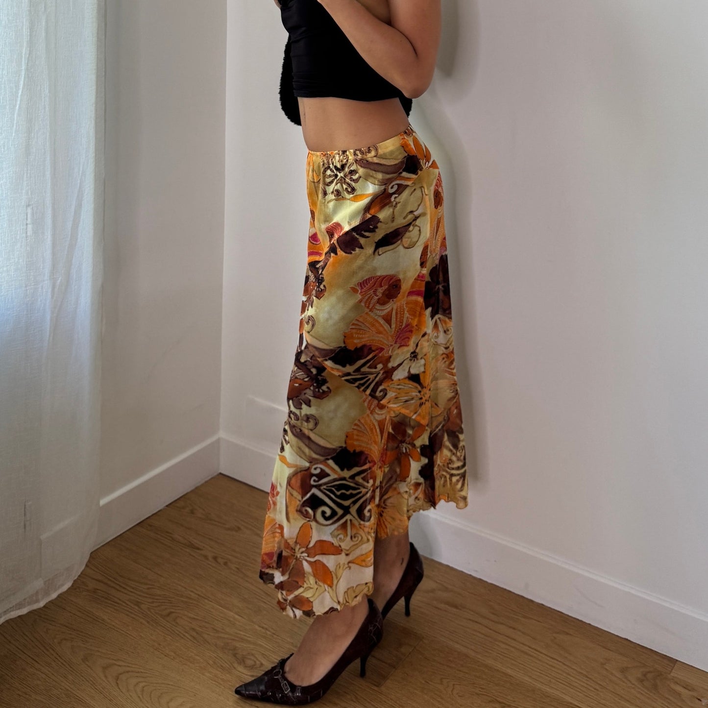 French Vintage Abstract Tribal Mesh Maxi Skirt (S) ⠀