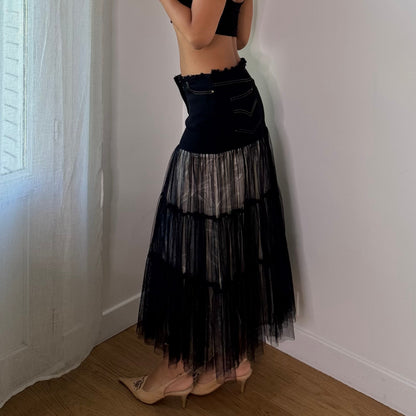 Vintage Black Tiered Sheer Mesh Denim Waist Maxi Skirt (S)
