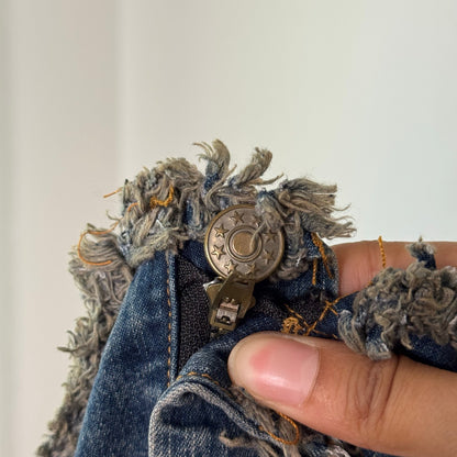 Vintage Blue Denim Distressed Frayed Midi Skirt (S)