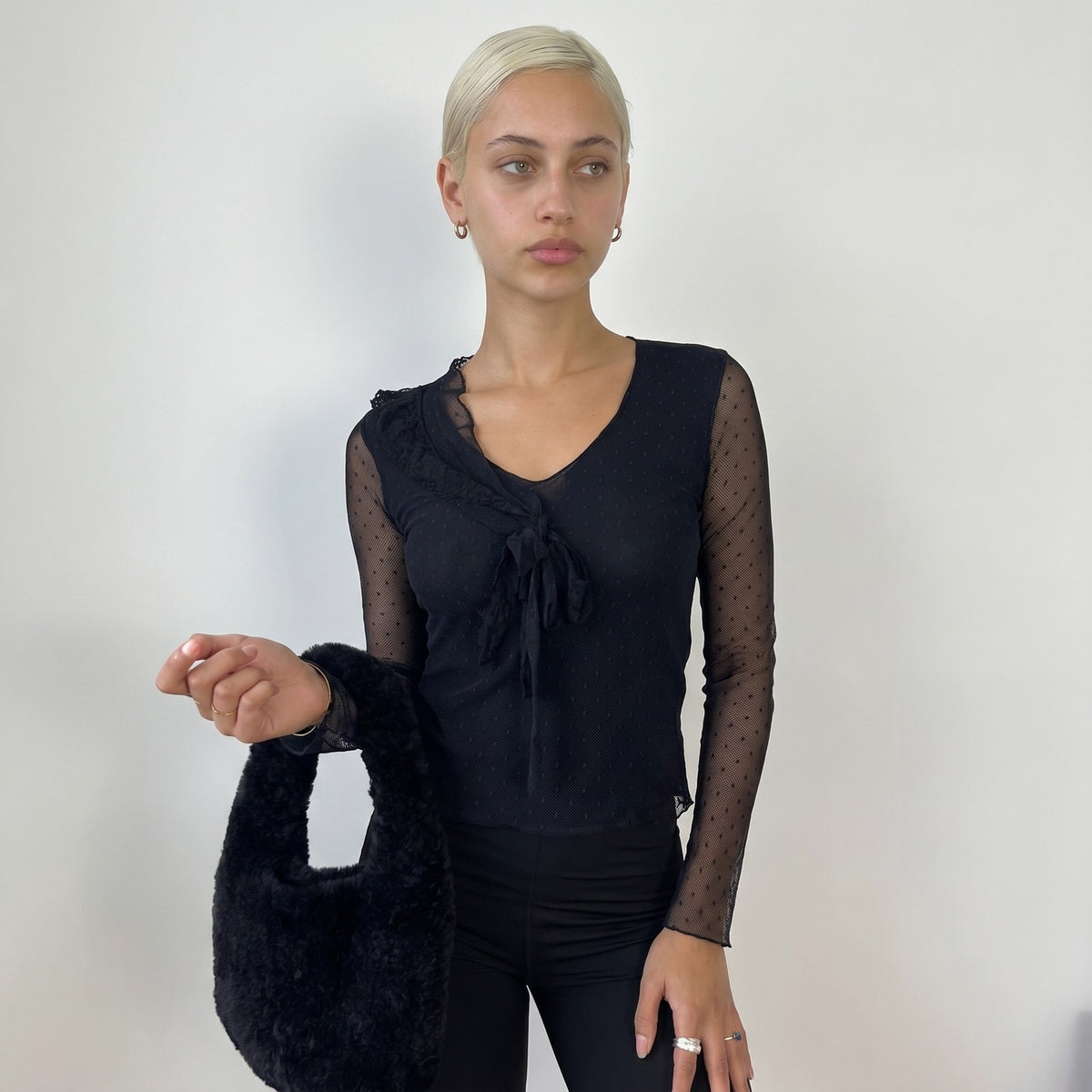 Vintage Italian Black Polka Dot Mesh Top Sheer Cotton Y2K Long Sleeve (S)