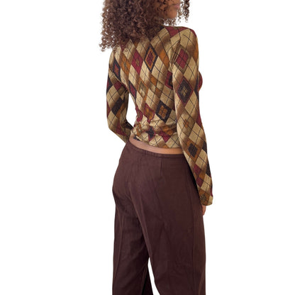 Vintage Euro shimmer argyle mesh-knit fitted long sleeve top (Small)
