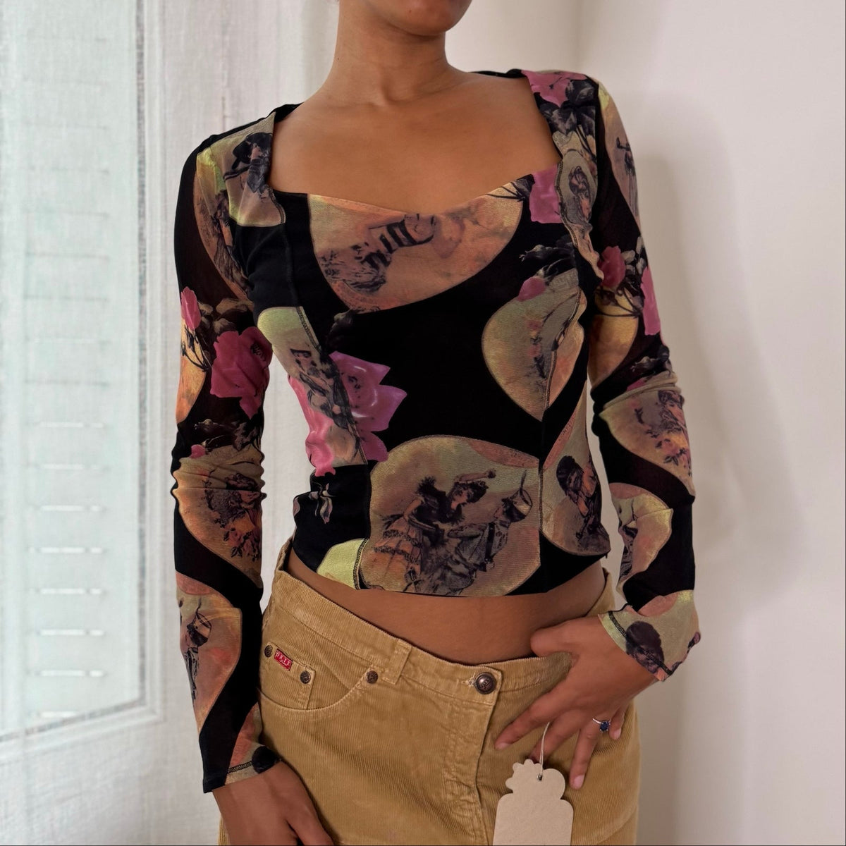 Mariella Burani Italian vintage Y2K black portrait print mesh top with Victorian medallions, pink roses & structured bust cups