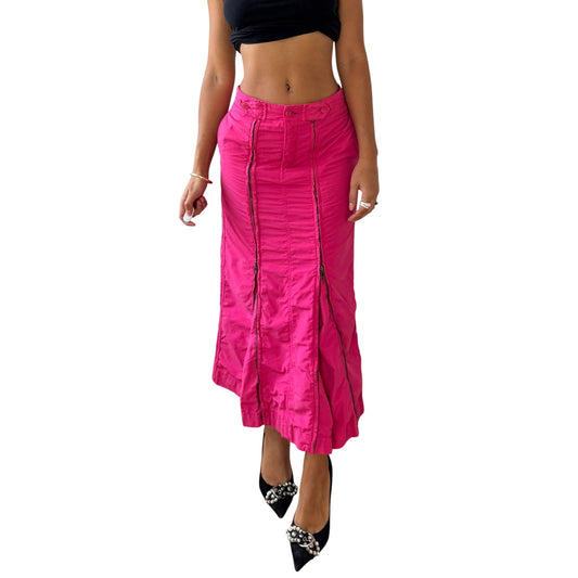 Vintage Euro Y2K Hot Pink Low Rise Zip Front Midi Skirt (XS)