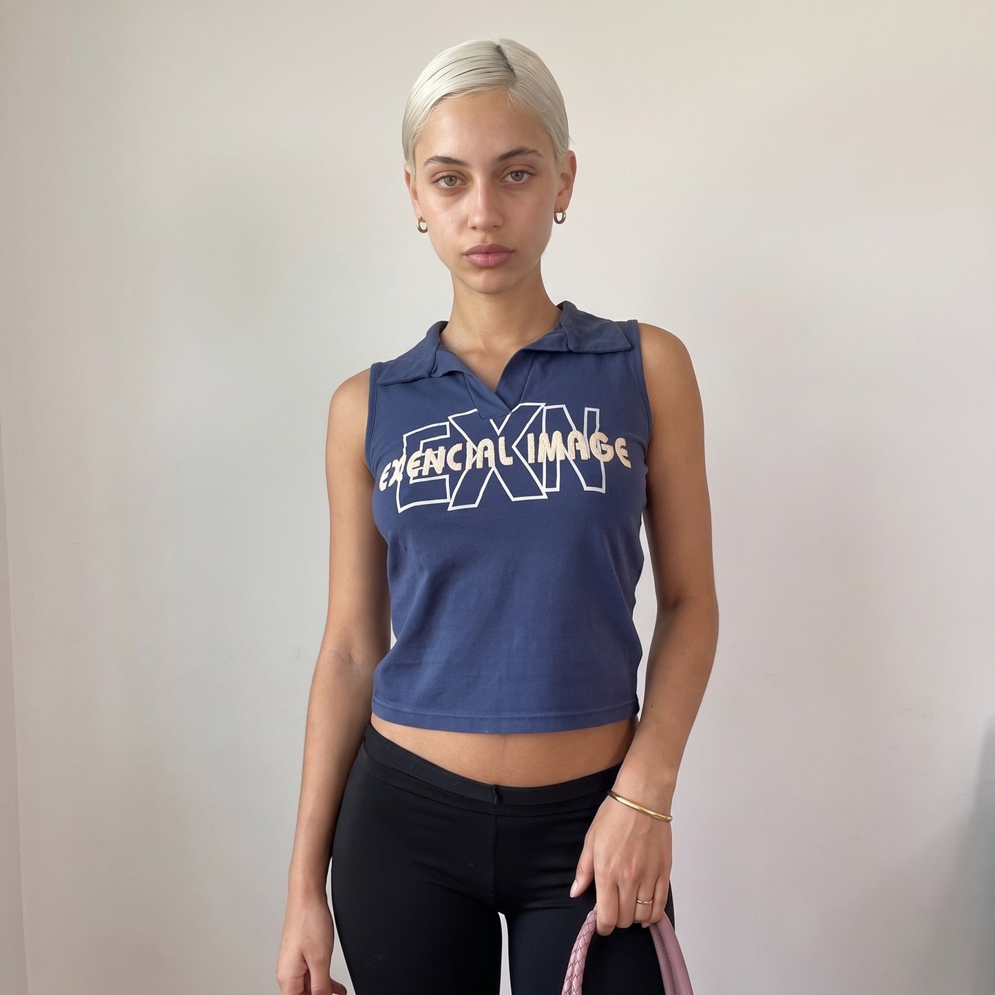 Vintage Blue Graphic Sleeveless Polo Top Mesh Back Italian Y2K (S)