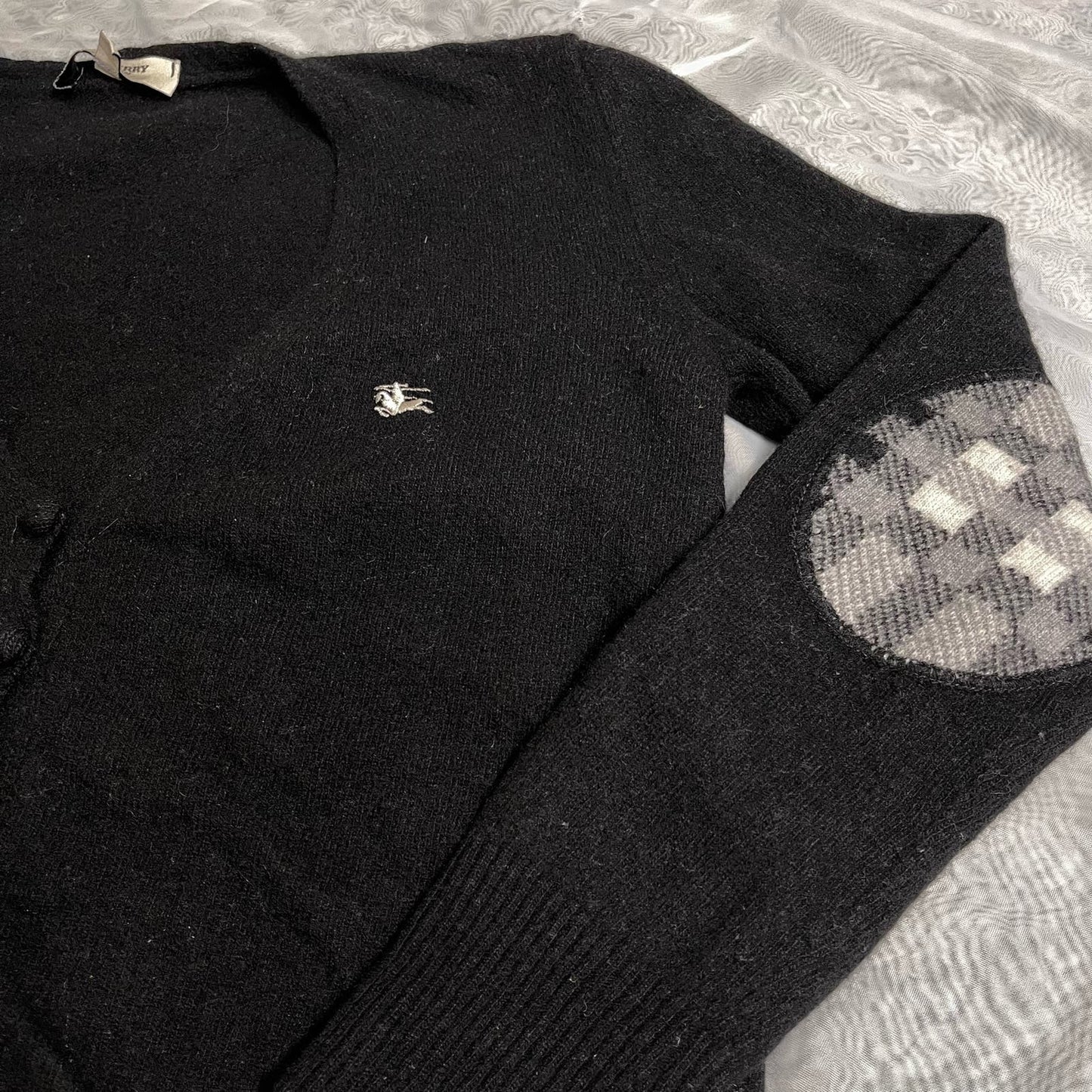 Vintage Black Knit Cardigan Crop Fit (S) Plaid Elbow Patch