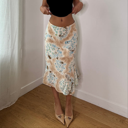 Vintage Beige Blue Floral Silk Mesh Midi Skirt Gerard Darel Bias Cut Skirt (S) ⠀