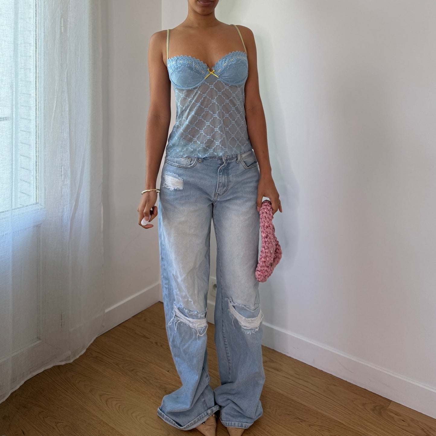Vintage Baby Blue Lace Bustier Cami Euro Y2K Lingerie Top (S) ⠀