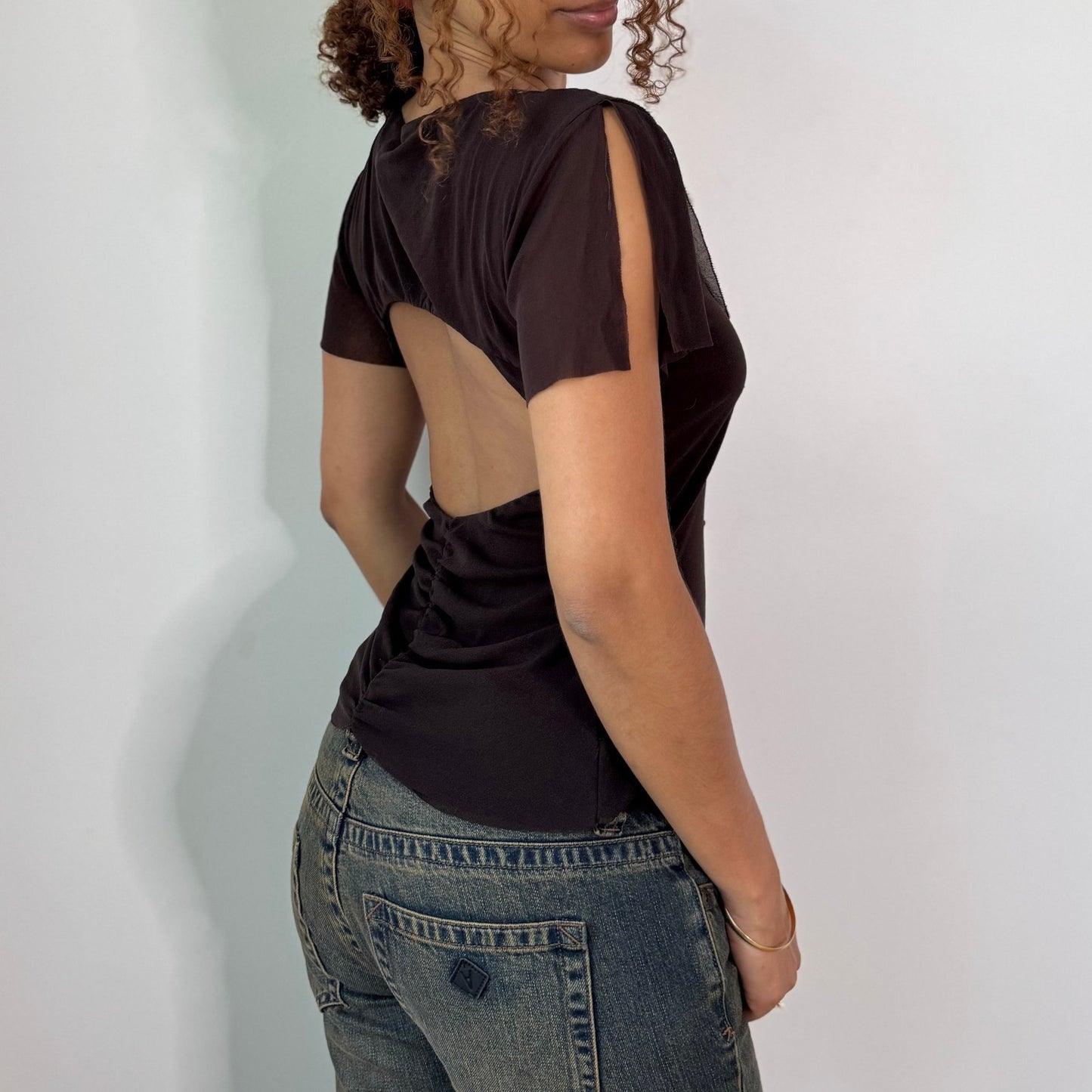 Vintage Annarita N Brown Sequin Embroidered Open Back Top Italian Y2K (S)